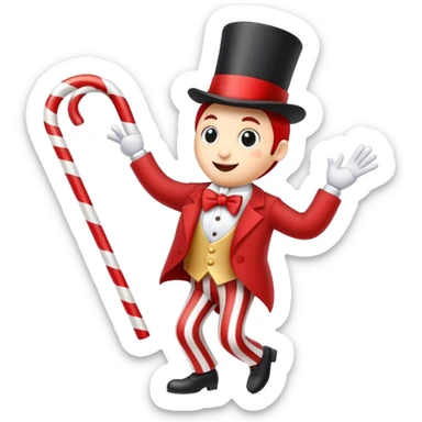 candy cane dancing with a cane and wearing a top hat sticker
