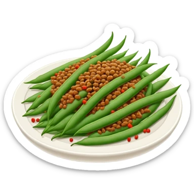 Dry Fried String Beans with minced pork and spices, simplified emoji style with bold outlines and bright colors, cartoon style Gan Bian Si Ji Dou sticker