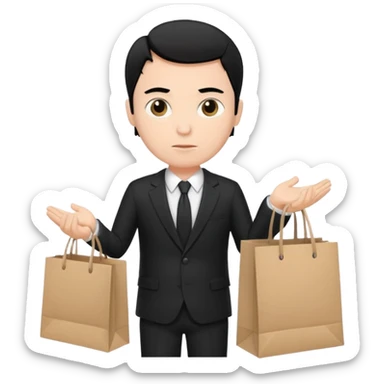 elegant serious man black hair in a black suit with clothing shopping bag sticker