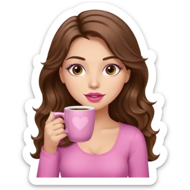 girl with long wavy brown hair, brown eyes, long lashes, pink lips, light to medium complexion, pink sexy top, sipping coffee sticker
