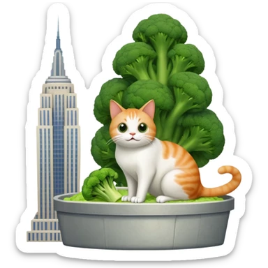 A cat pooping out a gross piece of broccoli onto the Empire State building sticker