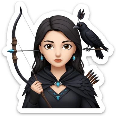 Alysanne Blackwood from Game of Thrones. She is known as black aly and is the Wife of Cregan Stark. I have her looking like Hande Erçel. Show her with a raven and a bow and arrow sticker