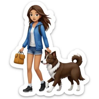  beautiful girl with long brown hair walks a black and white Border Collie sticker