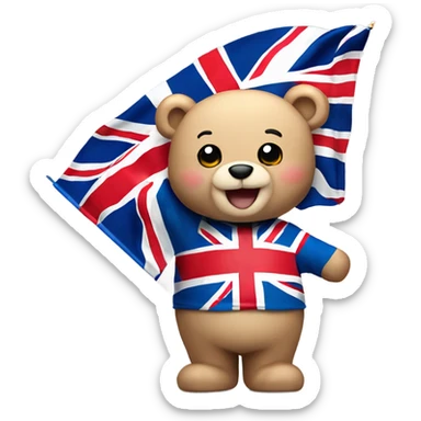 Happy teddy bear wearing a Union Jack shirt, and waving a Union Jack flag sticker