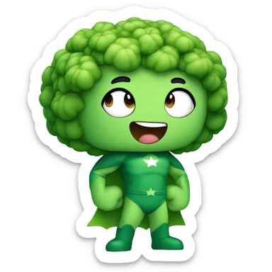 kawaii cute mini superhero with green clothes and a broccolis as hair,  full body saying hello sticker