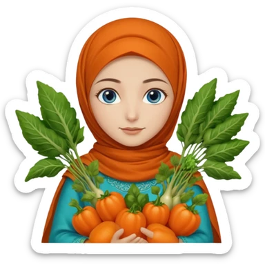 Turkish beautiful finish Konya girl blue eyes with garden design orange green hijabi dress and she had on her hand vegetables  sticker