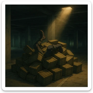 A pile of small oblong crates hidden in a parking structure with a beam of light shining from above, with someone’s boots sticking out like they dove in, tactical gear clothing  sticker