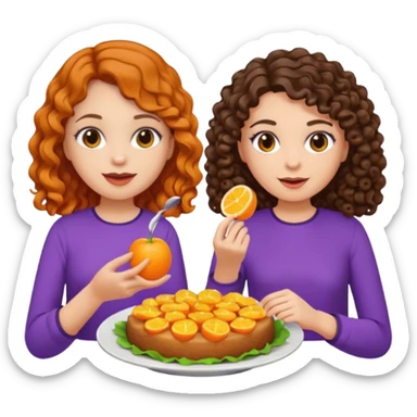 Two girls eating, one brunette with straight hair and another brunette with curly hair, emoji style, first girl has a purple blouse and the second girl has an orange blouse sticker