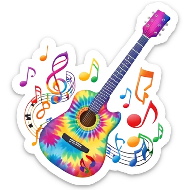 Tie-dye guitar with music notes around it sticker
