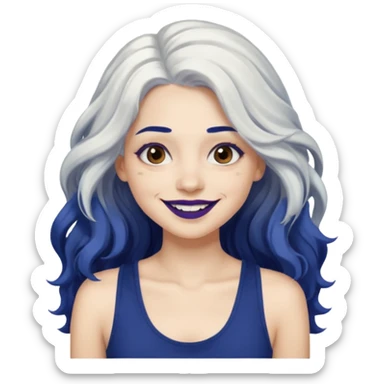 woman wavy with long white hair and brown eyes with dark blue lipstick smiling in a grunge tanktop sticker