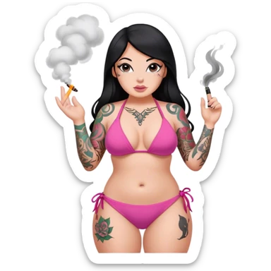 caucasian curvy body girl, with tattoos, in pink bikini, smoke, with a long straight black hair  sticker