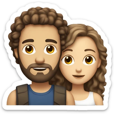 White woman with long dark curly hair cuddling with white guy with brown hair and beard sticker