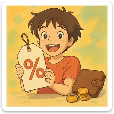 happy anime character holding a price tag with discount symbols, coins and wallet nearby, cheerful colors, Studio Ghibli style sticker