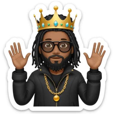 African American man with shoulder length black dreadlocks with black beard wearing black sunglasses with a black bubble winter coat wearing a crown with hands out sticker