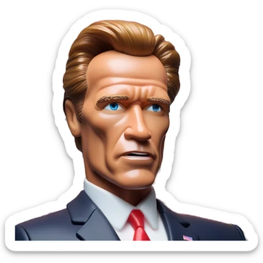 US president Arnold Schwarzenegger in Barbie style, oil paint, mysterious eyes, intricate lips, masterpiece pose, odd perspective, beautiful, desirable, logical, midsommar, ikea sticker