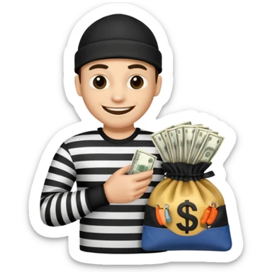 A robber with a black and white shirt with a bag of money  sticker