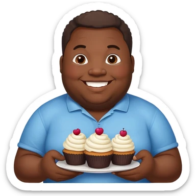 Extremely overweight African American man with a very round face and body, smiling and holding cupcakes sticker