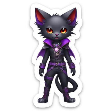 cool kawaii edgy evil techwear black purple red ethereal fantasy beautiful elegant nargacuga-bat-cat-Fakemon wearing legs spats a collar harness with jewelries full body sticker