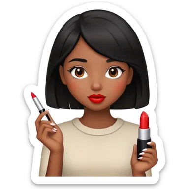 cute black haired girl holding a lipstick sticker