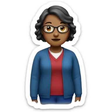 Fat, short ELA teacher with a dark red bob and a blue cardigain sticker