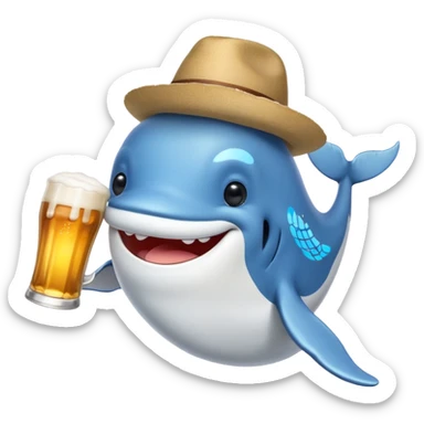 white whale with beer and a hat sticker