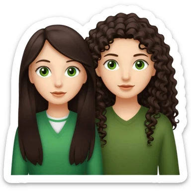 Two besties: 1: long ironed straight darkbrown hair, green eyes 2: long curly darkbrown hair, brown eyes sticker