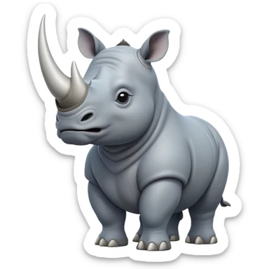 cinematic-rhino-full-body-standing-emoji,white horn, slate grey/blue skin -massive-body-poised-powerfully,-thick-horn-curving-slightly-forward,-head-tilted-dramatically,-rough-grey-hide-covered-in-dust,-simplified-focused-features, large cute black eyes sticker