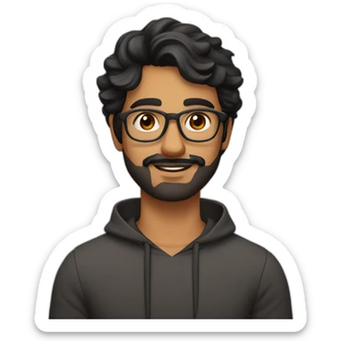 indian guy with rectangular glasses with fair skin with wavy hair, aquiline nose, brown eyes, black hair with very short beard sticker