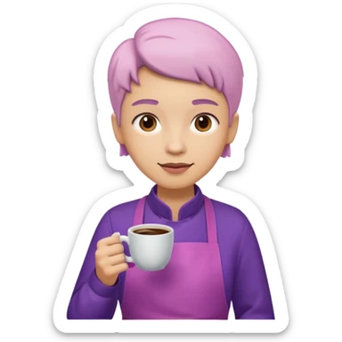 Create 3D minimalist emoji in the style of Coffee Lover — a coffee shop and roastery brand.
Style: cozy, warm.
Colors — purple-pink range.
barista with coffee sticker