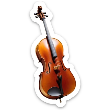 Create an elegant and refined emoji representing the Cremona 4/3F 4/4 cello with a Hans Klein HKCB bow. The design should feature the curved wooden body of the cello with a rich, glossy finish, capturing its classical shape and intricate details. The bow should be displayed with fine craftsmanship, highlighting the hair and the smooth, polished wooden stick. Include subtle musical notes floating around the instrument to emphasize its rich, melodic sound. Use deep wood tones like chestnut brown, gold accents for the fittings, and soft lighting effects to give the instrument a timeless, professional feel. The background should be transparent. sticker