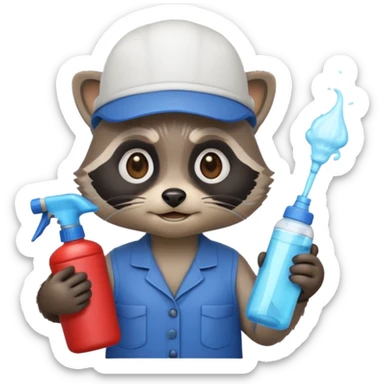 raccoon emoji wearing a cleaner's cap, holding a spray bottle, cute and clean, apple emoji style sticker
