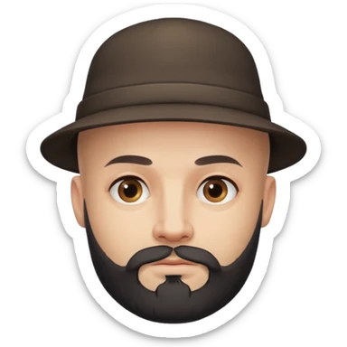 bald man with a beard and tattoo, wearing a hat sticker
