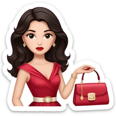 A woman with slightly darker almond-toned skin, voluminous dark hair in waves, expressive eyes with soft lashes and shimmer, full lips with a glossy nude-pink color, wearing a red dress and a white crossbody sash with “Miss San Juan” in black letters, exuding elegance and confidence. sticker