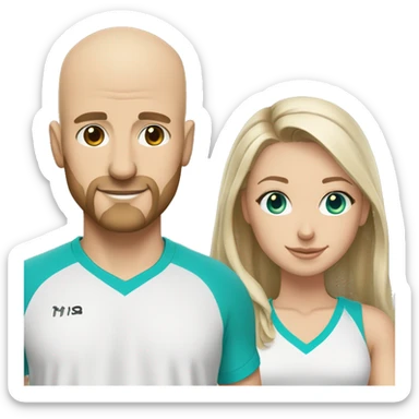 White couple, 35 yro, in pickleball clothes. Male bald= beard, white, bald, aqua eyes. Female = long light brown hair, aqua eyes.  sticker