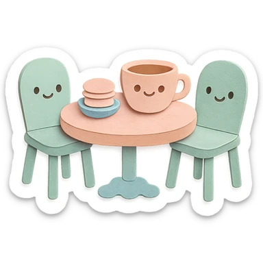 kawaii coffee shop table and chairs set with macarons and coffee, soft pastel hand-drawn illustration sticker