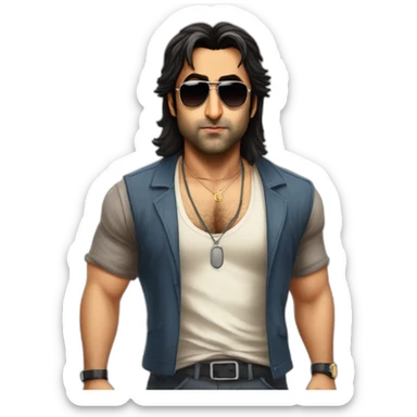 Ranbir Kapoor as a gangster with a long mullet and sun glassess looking angry and chubby sticker