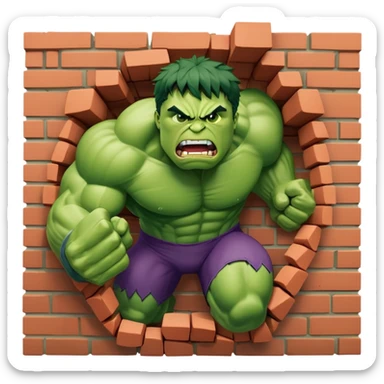 Hulk smashing through a brick wall, green superhero breaking through sticker