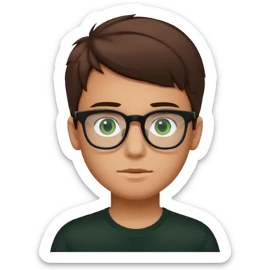 Garçon brun, peu légèrement bronzée, des yeux verts foncés, un t shirt noir et des lunettes rectangulaires transparentes sticker