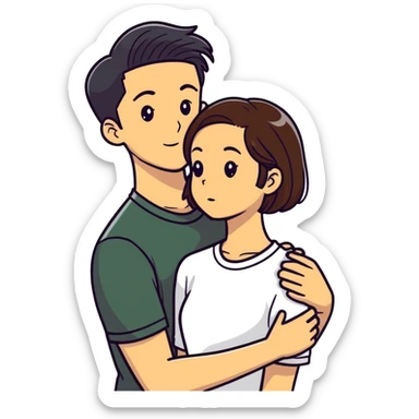 Young man with black comb over hugging young lady with brown long hair  sticker