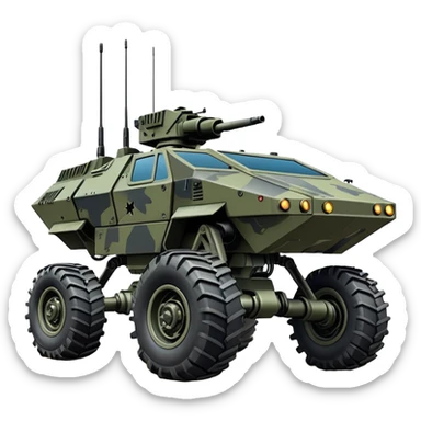a roomy American 4-wheel armored personnel stealth camouflage army massive mech trail vehicle shooting forward side-hill leaning actively articulating hydraulic independent suspended pod gimbal enemy mech off-road racing rover with large fast engine RC basher crawler megatron  sticker