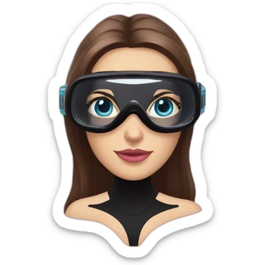 woman with blues eyes, large and straight brown hair, pink diving mask with a single crystal. underwater black suit sticker