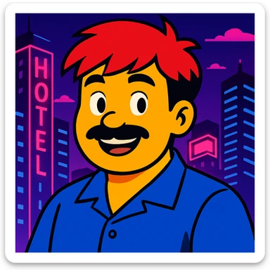 Make the face a bit rounder and add a smile, keep the vibrant toon style, neon city background, and all original colors and lighting sticker