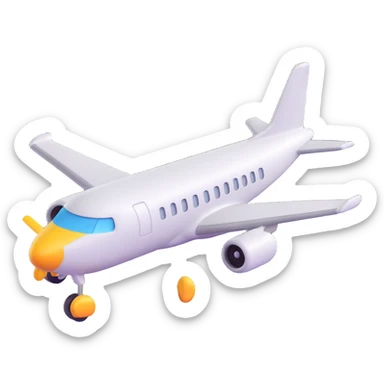 Make an airplane emoji that looks exactly like the reference image, ignoring the crocodile. Style it in iOS emoji style with 3D, shiny, smooth gradients, soft shadows, realistic airplane shape, classic emoji look, and add a soft shadow under the airplane. sticker