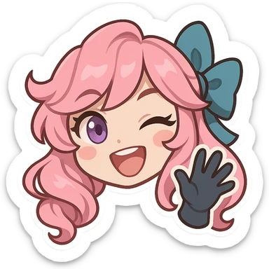 chibi style Gwen from League of Legends, only head, right eye purple, one hand waving with glove, big smile, energetic pose, pink hair sticker