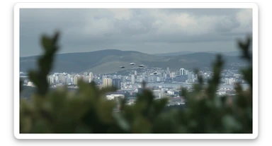 A cinemaatic still of a city, blurred plants in the foreground, whales fly above city sky, rolling hills in the background, cinematic depth of field, layered composition, natural lighting sticker