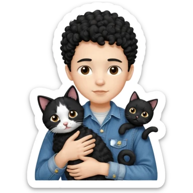 Apple emoji of a 13-year-old boy with short black curly hair, light skin, dark brown eyes, wearing a denim shirt and overalls, hugging a black and white cat. sticker