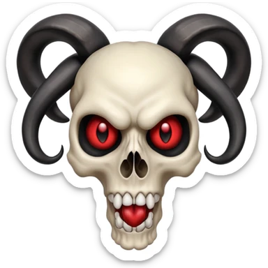 Stylized skull with dramatic curled black ram horns, intense red eyes, wide open mouth, blending iconic features from references, apple emoji style sticker