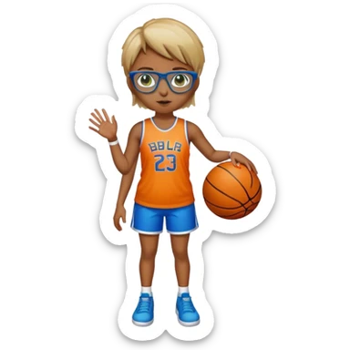 Full Body Girl with basketball real short brown hair with blond highlights wearing blue glasses with green eyes sticker