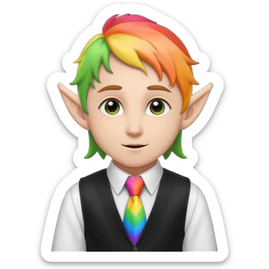 elf in black vest having rainbow tie sticker