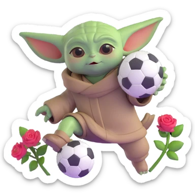 baby yoda kicking a soccer ball with small roses beside him sticker
